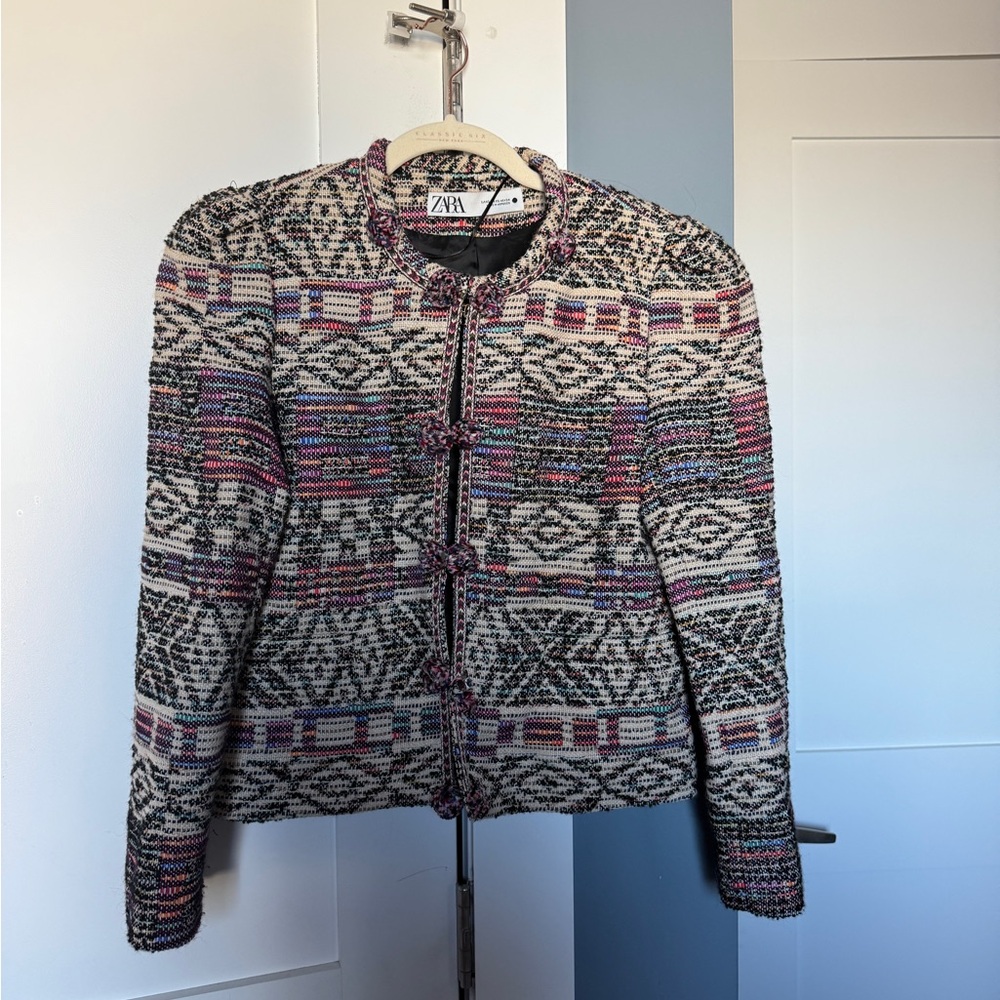 Zara Women's Patterned Tweed Jacket - Black, White, Pink